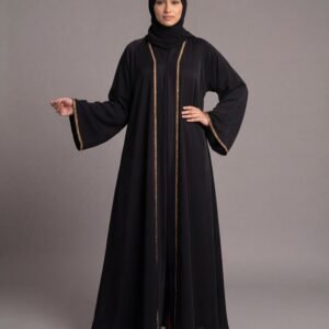 A solid black floor-length abaya featuring narrow gold borders along the collar, front opening, and wide cuffs.