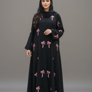 Premium black flared abaya by Malik Abaya featuring elegant pink bow embroidery and a matching black dupatta against a studio grey background.