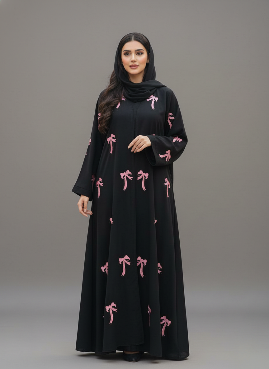 Premium black flared abaya by Malik Abaya featuring elegant pink bow embroidery and a matching black dupatta against a studio grey background.