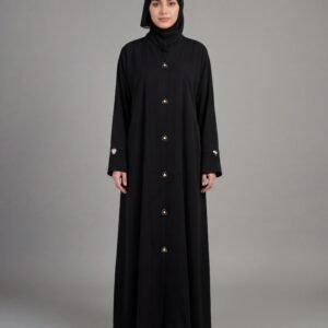 Front view of a black Prada Chodi Patti abaya by Malik Abaya featuring intricate wide-border (Chodi Patti) detailing on the sleeves and hem, crafted from premium Prada fabric.