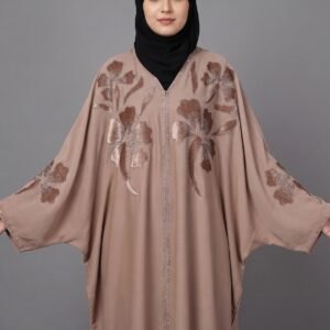 Dubai Kaftan from Malik Abaya made of Imported Tiktok fabric, showcasing large brown floral embroidery across the chest and sleeves.