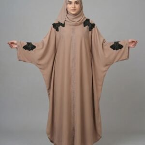 Malik Abaya Dubai Kaftan in beige Imported Tiktok fabric, featuring elegant black embroidered motifs on the shoulders and sleeves.