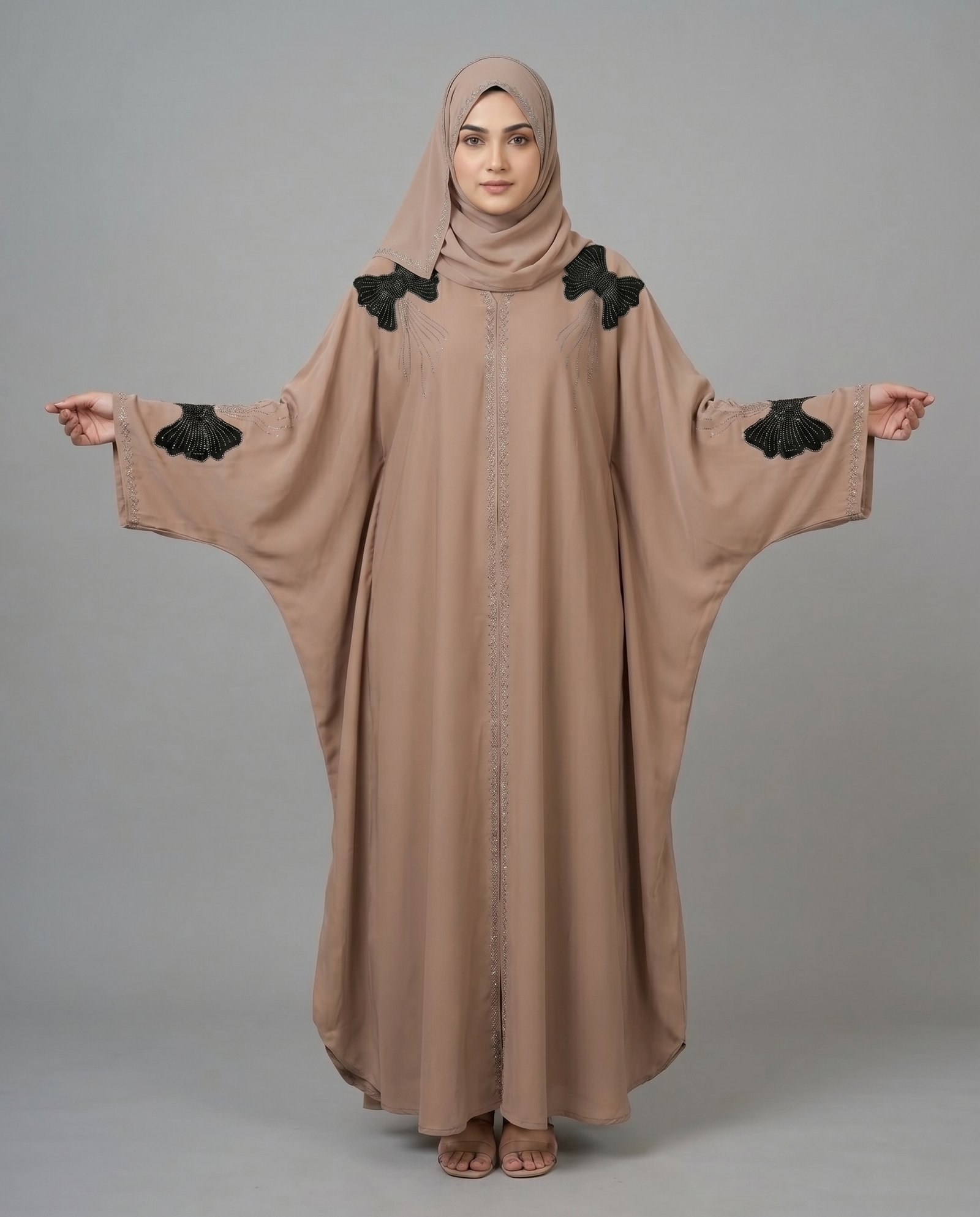Malik Abaya Dubai Kaftan in beige Imported Tiktok fabric, featuring elegant black embroidered motifs on the shoulders and sleeves.
