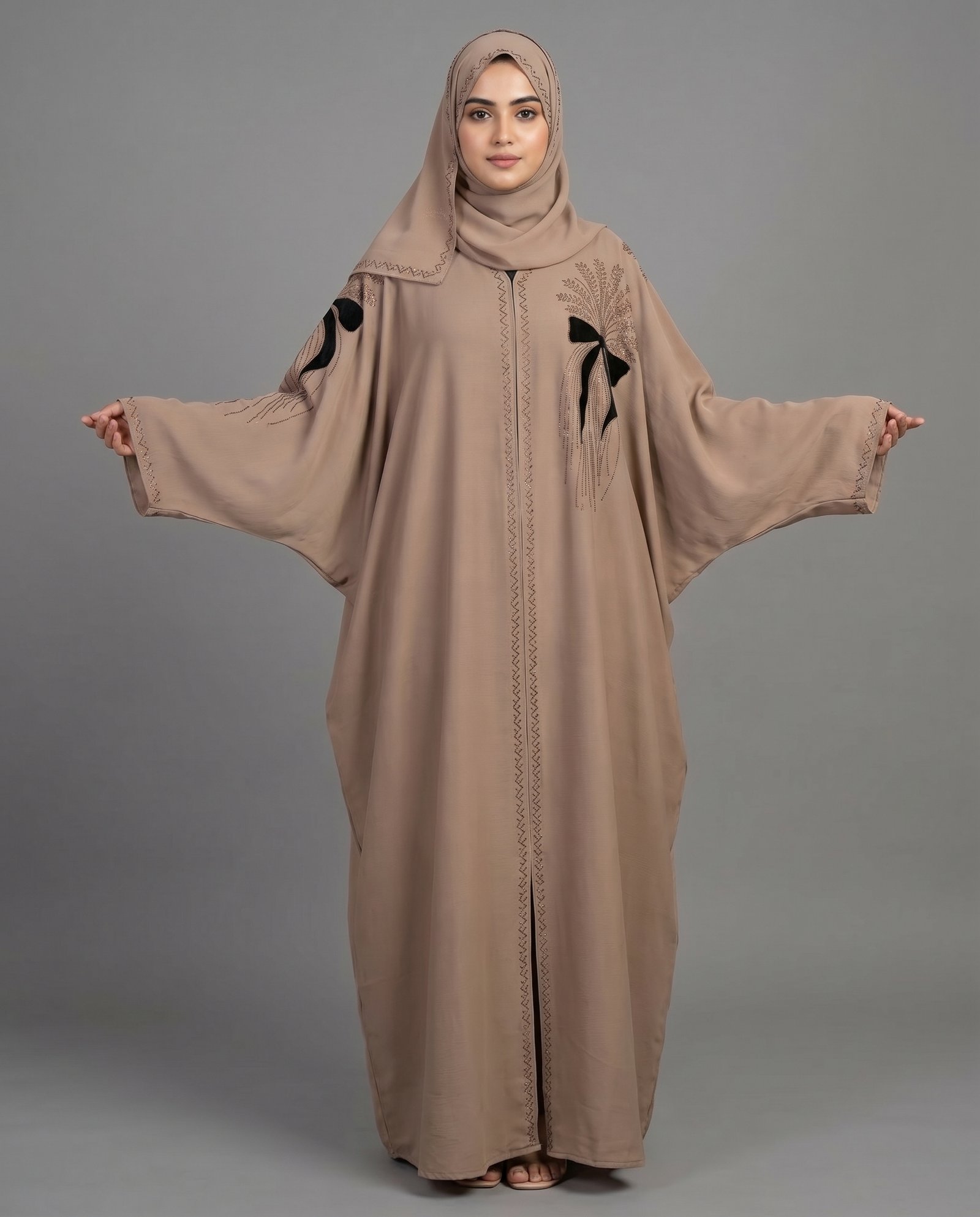 Luxury Dubai Kaftan by Malik Abaya, crafted from Imported Tiktok fabric with intricate silver embroidery on the shoulders and placket.
