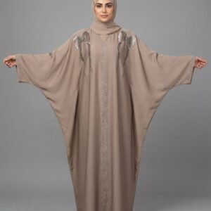 Elegant Malik Abaya Dubai Kaftan in light brown Imported Tiktok fabric with unique black bow and wheat-stalk embroidery details.