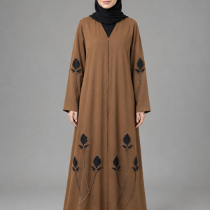 Malik Abaya Premium Brown Prada Fabric with Front And Back Velvet Design with Black Dupatta