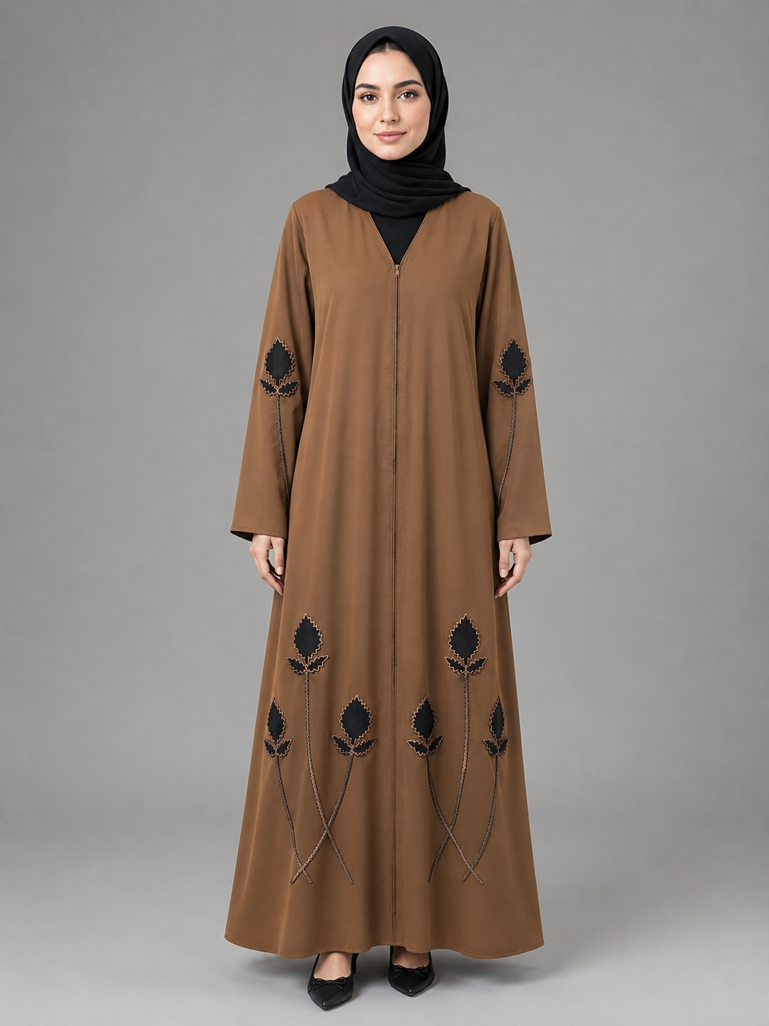 Malik Abaya Premium Brown Prada Fabric with Front And Back Velvet Design with Black Dupatta
