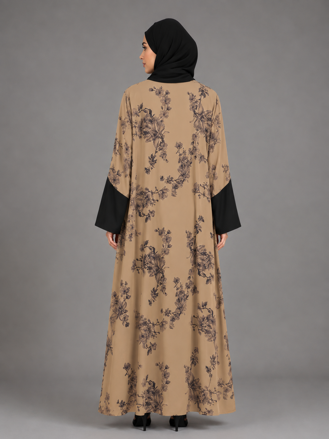 Malik Abaya - Premium Brown Marvella Fabric Abaya with Front & Back Floral Print Design and Black Dupatta - Image 2