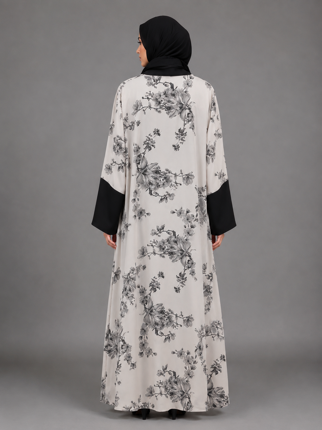 Malik Abaya - Premium White Marvella Fabric Abaya with Front & Back Floral Print Design and Black Dupatta - Image 2