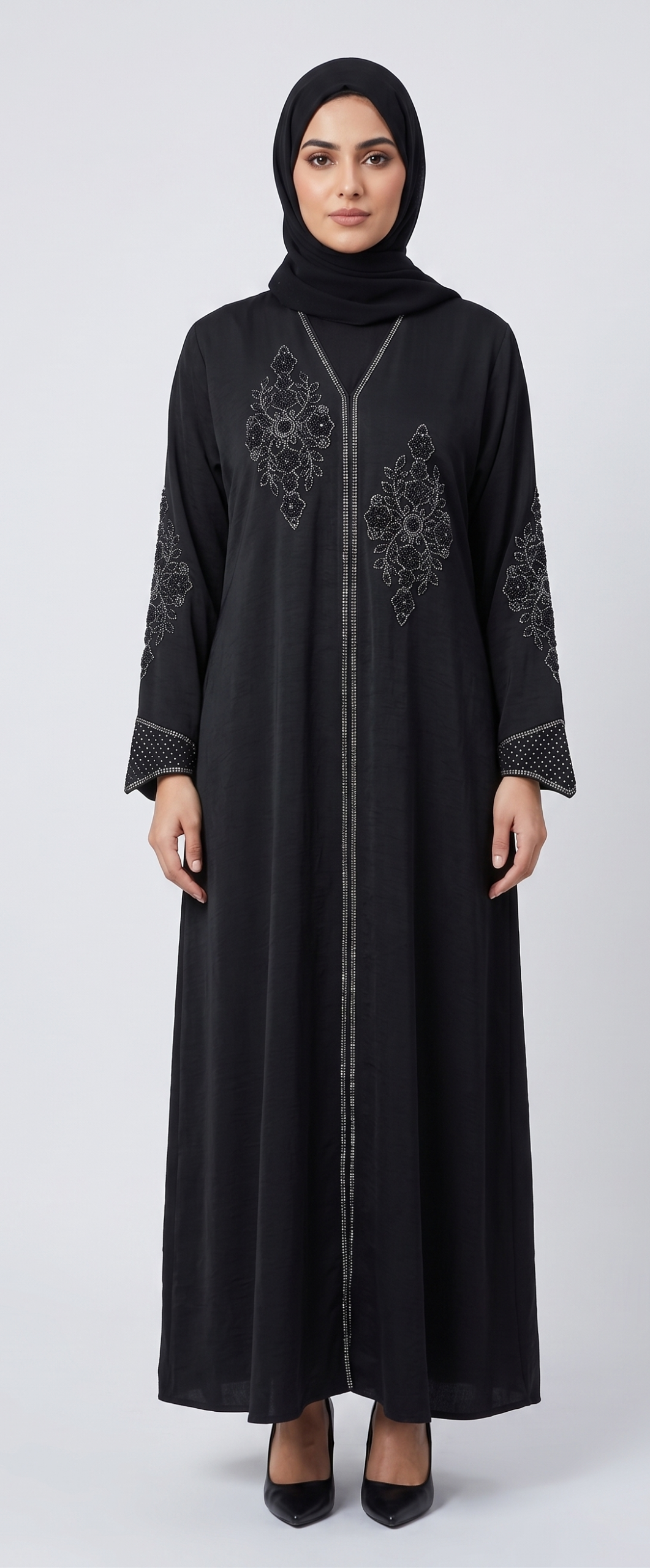 Malik Abaya – Marbella Fabric Party Wear Abaya with Stone Work Embroidery & Black Dupatta - Image 5
