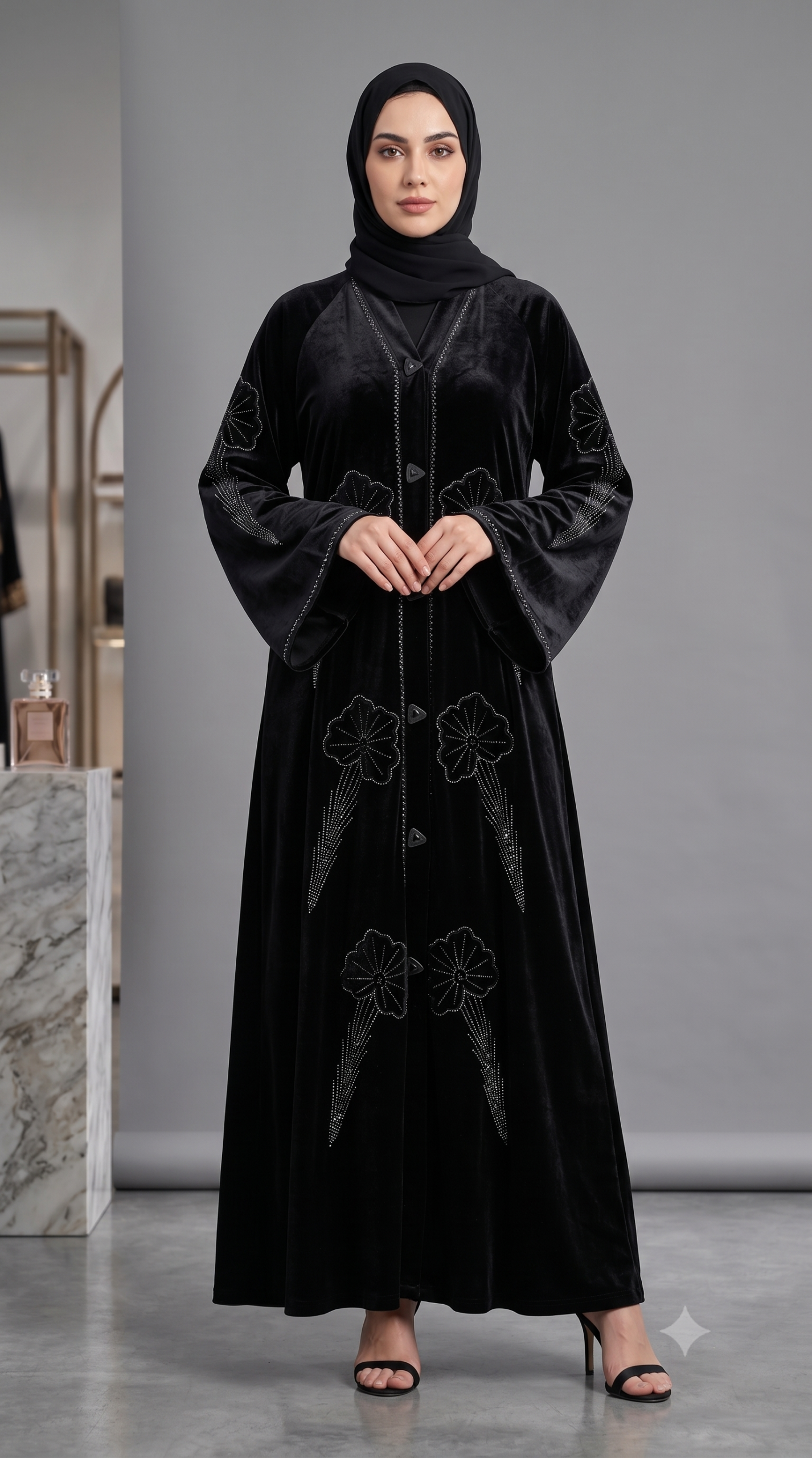 Malik Abaya Premium Marbella Fabric Designer Abaya with Velvet Flower & Stone Work - Image 4