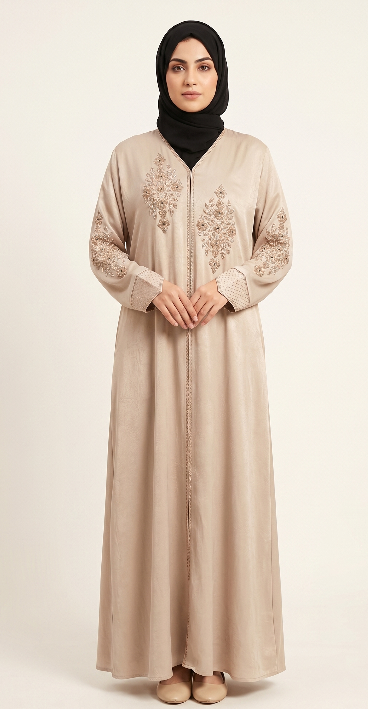 Malik Abaya – Marbella Fabric Party Wear Abaya with Stone Work Embroidery & Black Dupatta