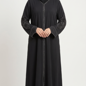 Malik Abaya – Black Marbella Fabric Party Wear Abaya with Stone Work Embroidery & Matching Dupatta