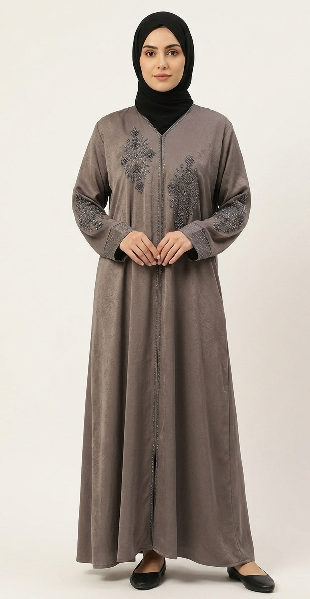 Malik Abaya – Marbella Fabric Party Wear Abaya with Stone Work Embroidery & Black Dupatta - Image 4