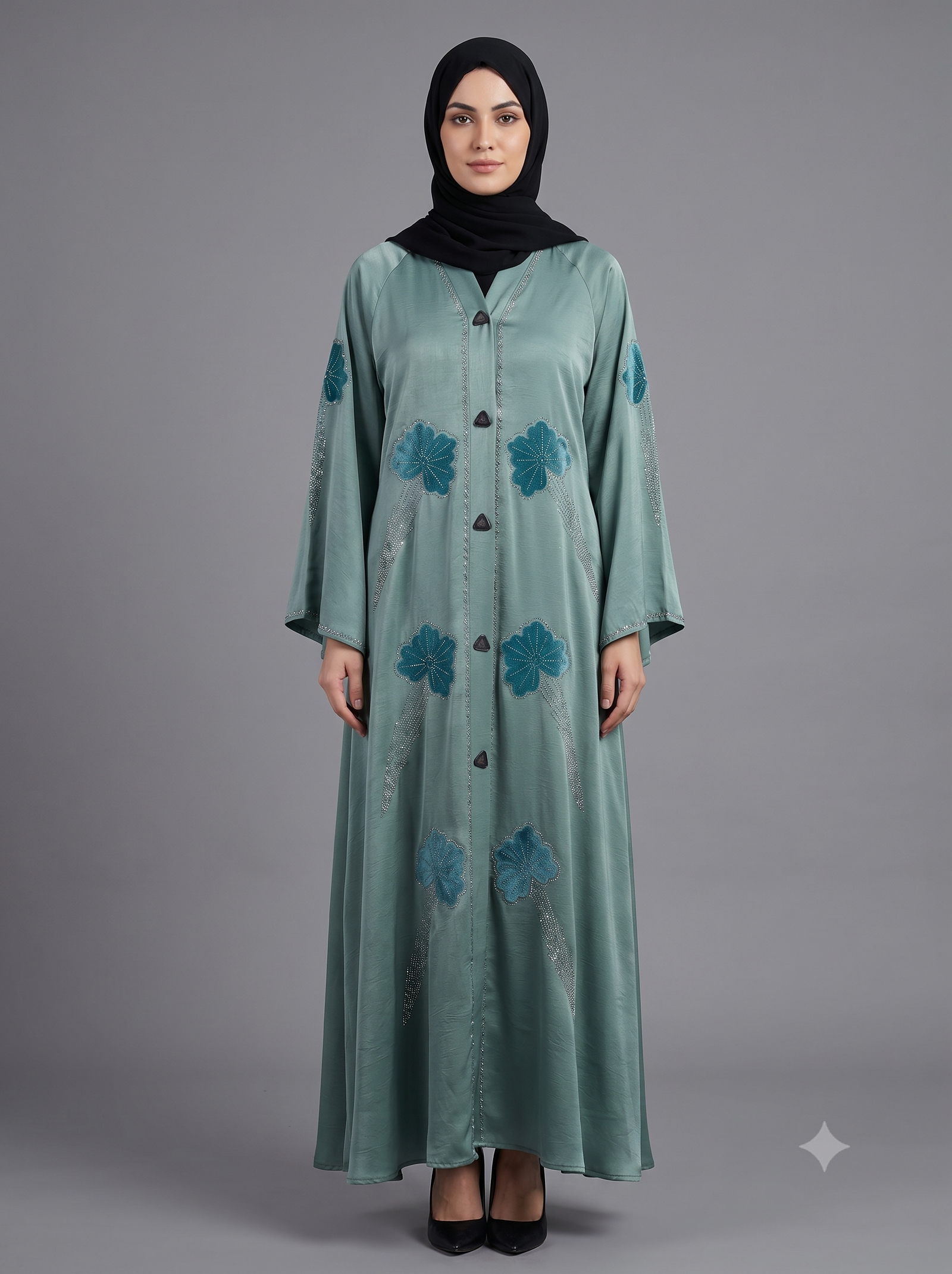 Malik Abaya Premium Marbella Fabric Designer Abaya with Velvet Flower & Stone Work - Image 3