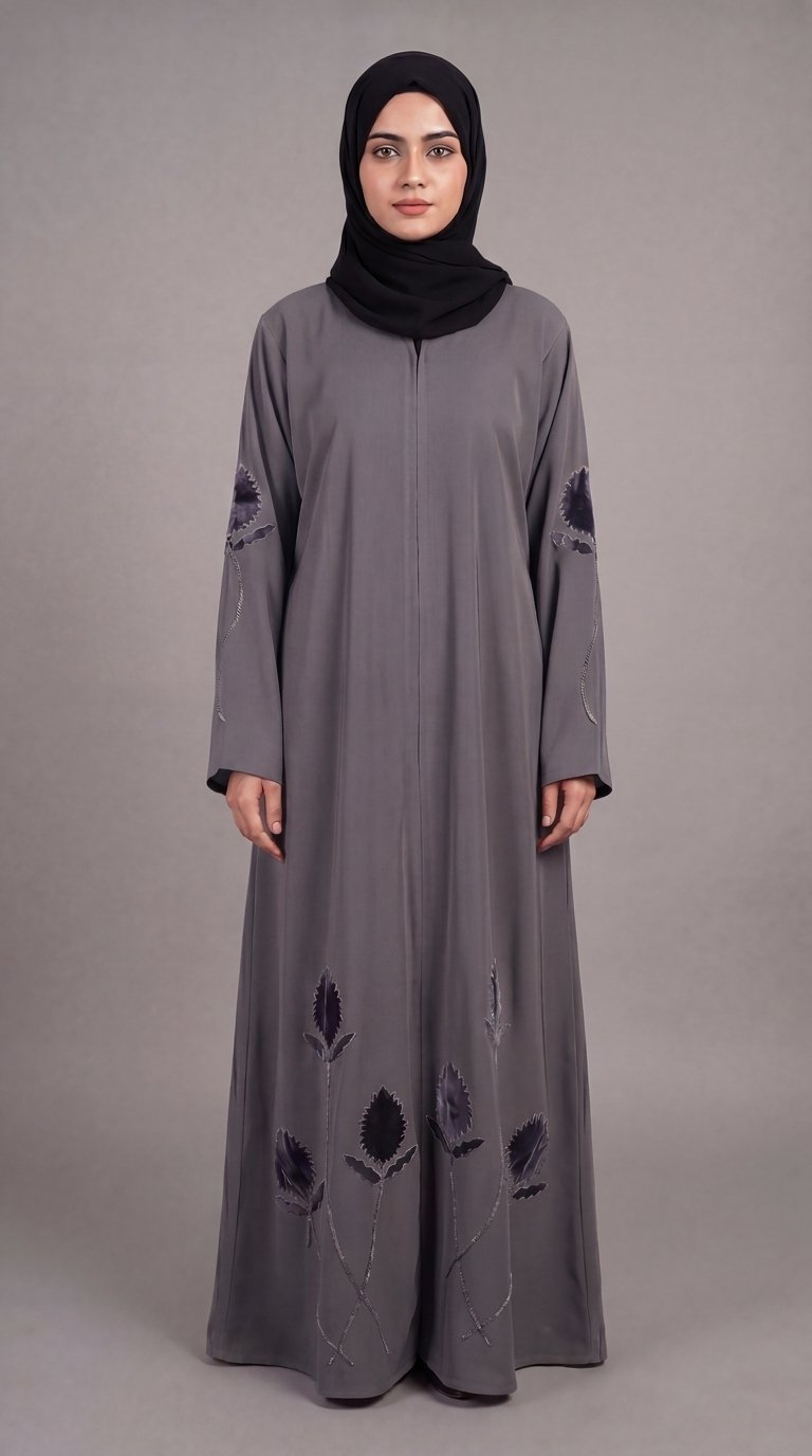 Malik Abaya - Premium Prada Fabric Abaya With Front And Back Velvet Flower Design With Black Dupatta - Image 3