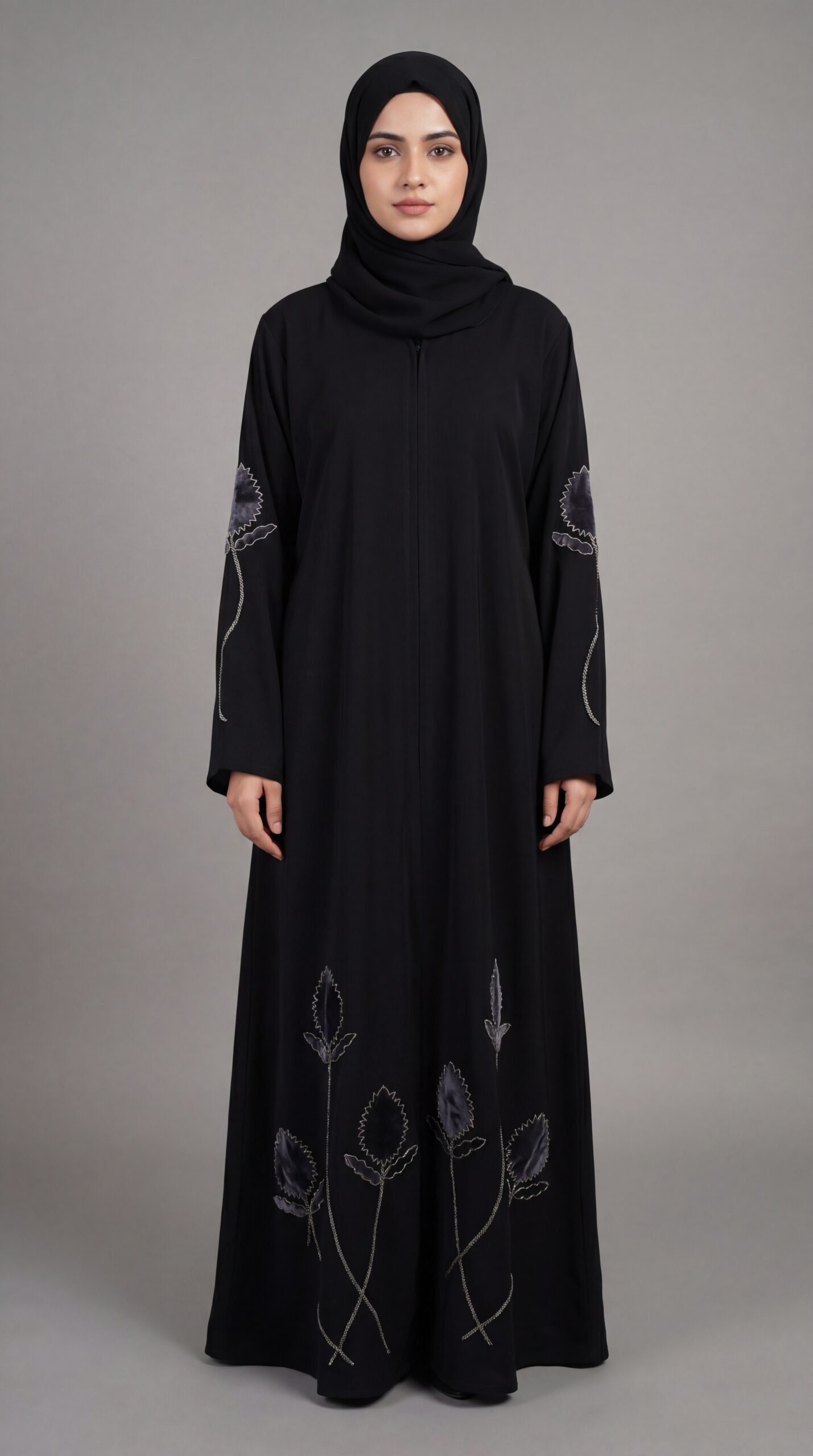 Malik Abaya Premium Brown Prada Fabric With Front And Back Velvet Flower Design