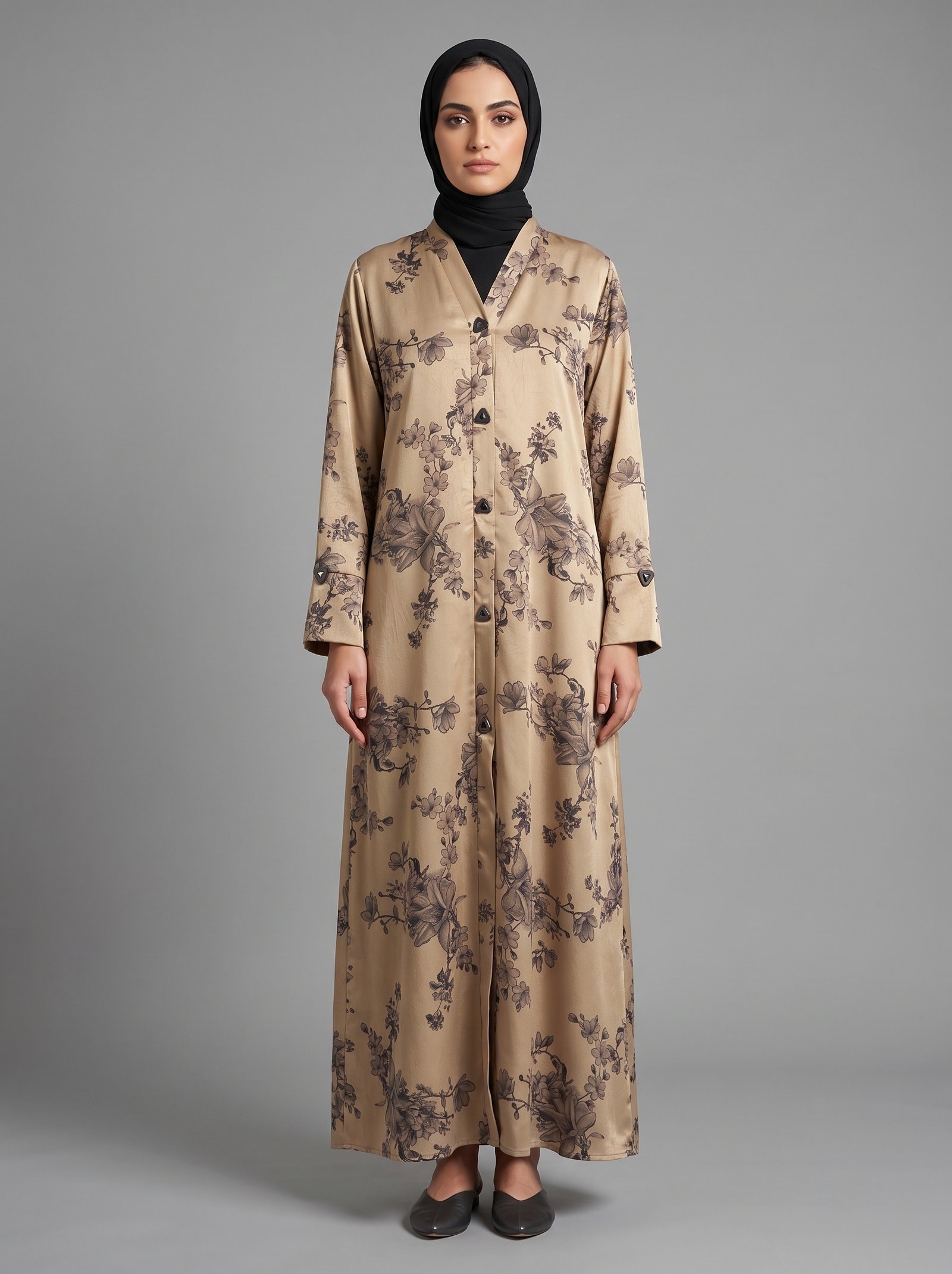 Malik Abaya - Premium Magestic Fabric Abaya With All Over Floral Print Design With Black Dupatta - Image 2