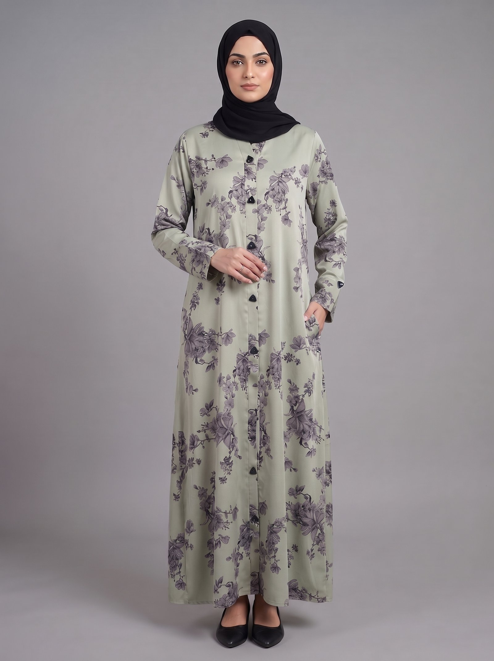Malik Abaya - Premium Magestic Fabric Abaya With All Over Floral Print Design With Black Dupatta - Image 3