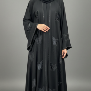 Tiktok Front Open Abaya with Velvet Butterfly & Stones