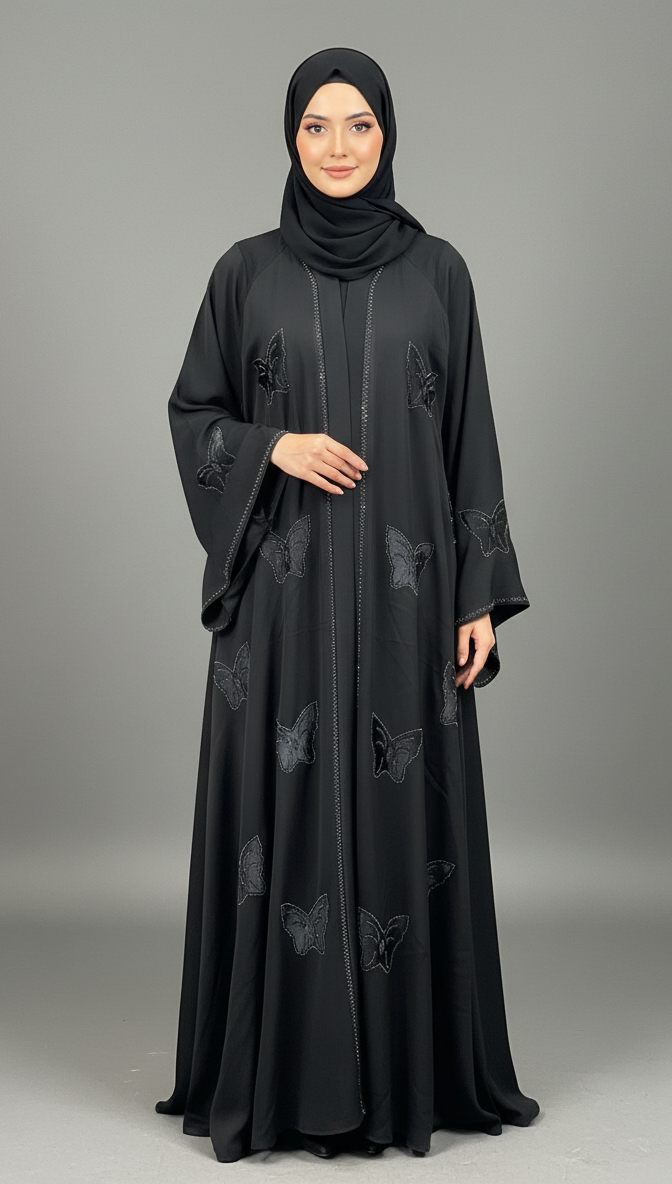 Tiktok Front Open Abaya with Velvet Butterfly & Stones