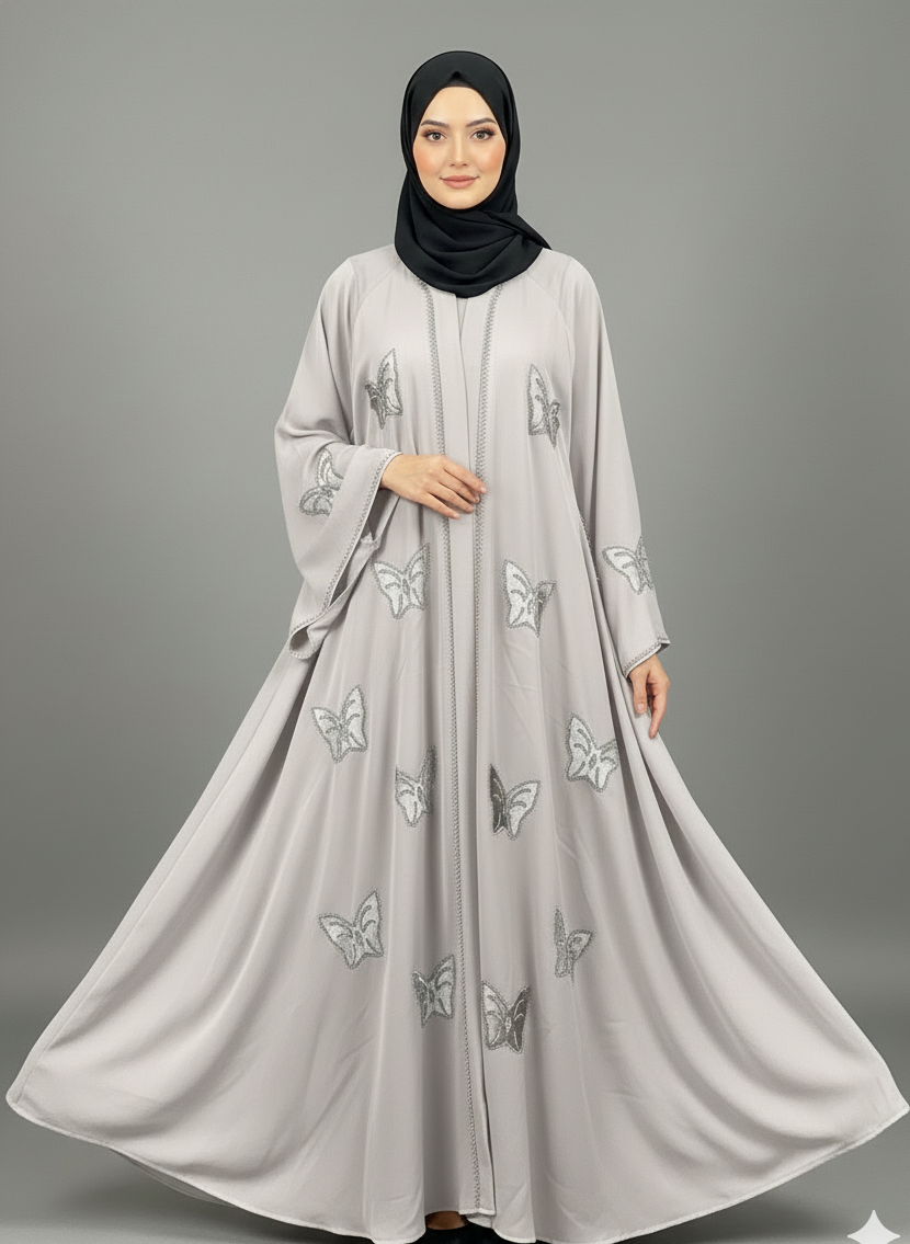 Party Wear Umbrella Abaya with Velvet Butterfly Design, Stone Work & Black Dupatta - Image 5