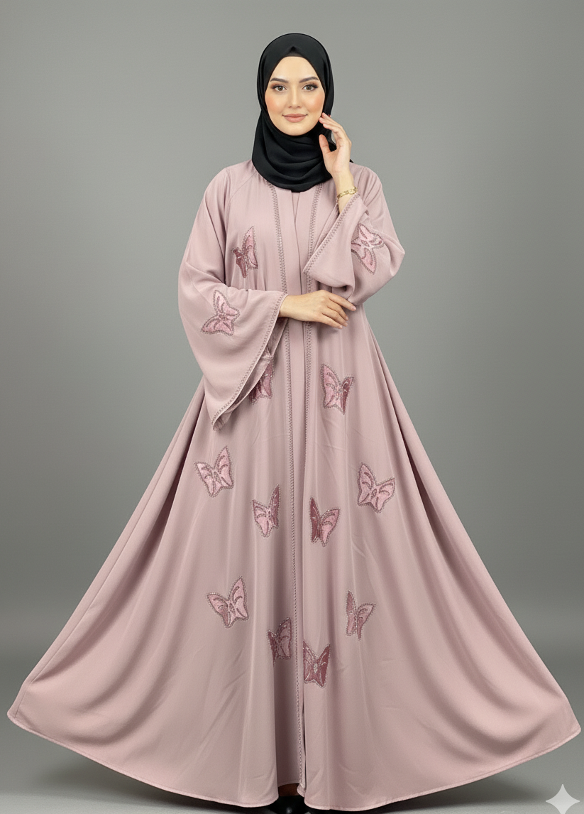Party Wear Umbrella Abaya with Velvet Butterfly Design, Stone Work & Black Dupatta - Image 4