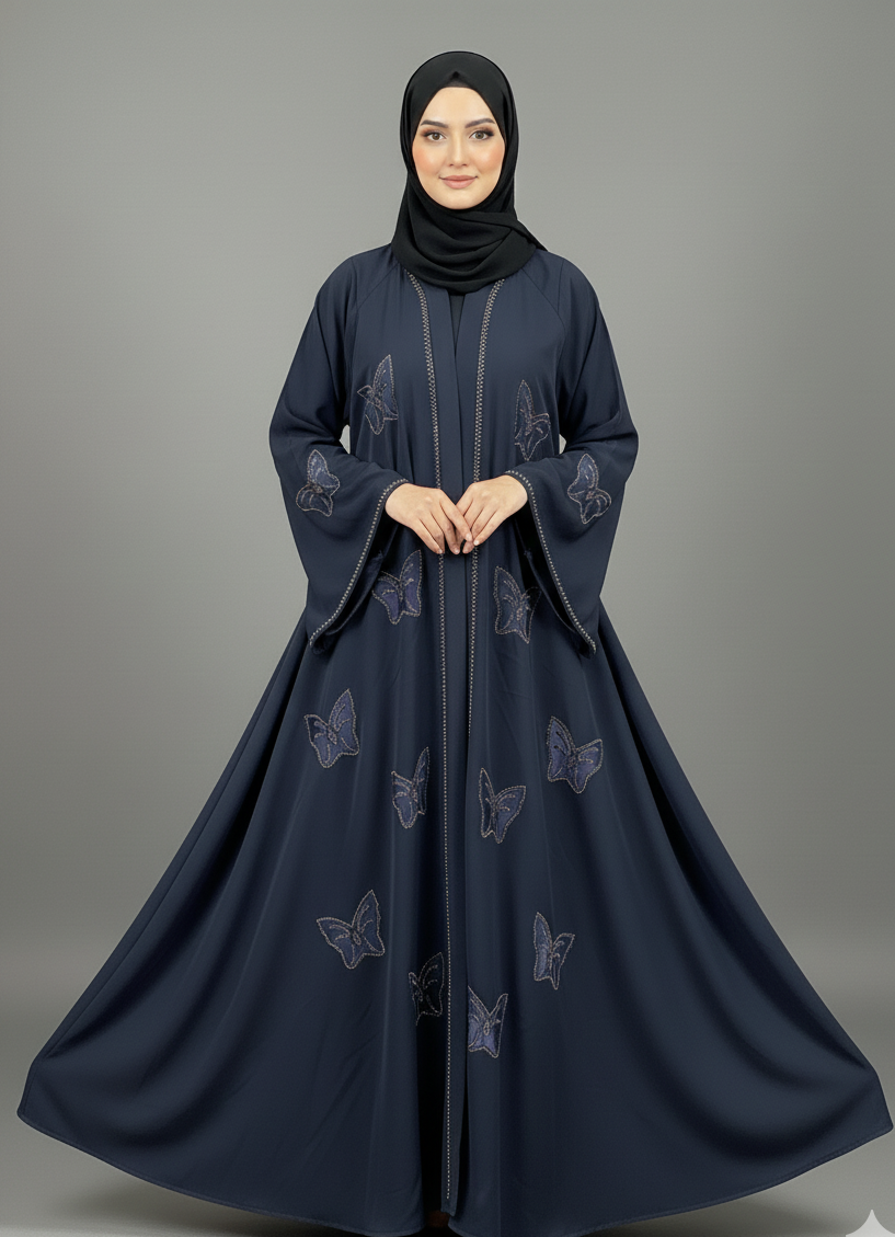 Party Wear Umbrella Abaya with Velvet Butterfly Design, Stone Work & Black Dupatta - Image 3