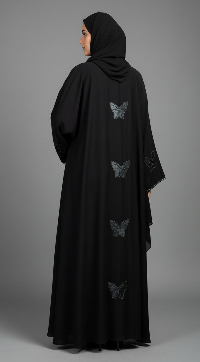 Party Wear Umbrella Abaya with Velvet Butterfly Design, Stone Work & Black Dupatta - Image 2