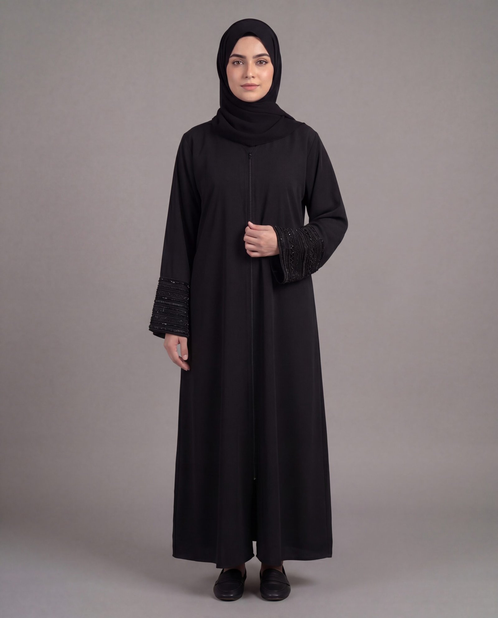 Malik Abaya Premium Super Prada Fabric Plain Open Abaya with Elegant Handwork | Designer Modest Wear for Women - Image 2